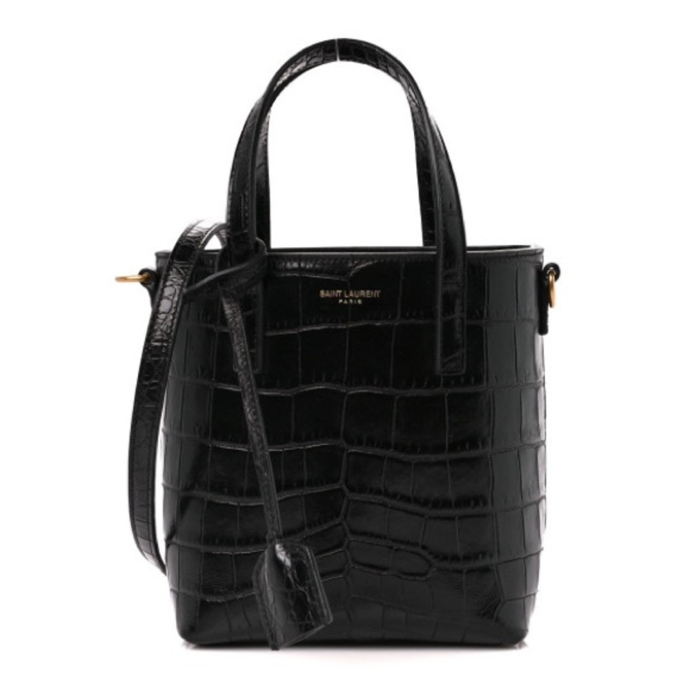 Saint Laurent Calfskin Crocodile Embossed Paris Mini Toy Shopper Tote Black